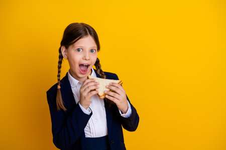 Smiling schoolgirl with pigtails enjoying a sandwich against a vibrant yellow backdrop demonstrating happiness and energyの写真素材