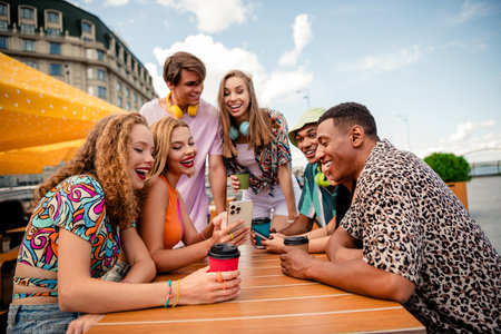 Group of Young Friends Enjoying Coffee Outdoors During a Warm Summer Day in the City