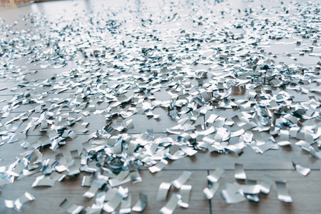 Scattered silver confetti pieces on a wooden floor emitting celebratory and festive vibes during an indoor office celebrationの写真素材