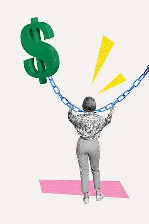 3D photo collage template trend artwork sketch of aged woman stand hand hold metal chain dollars...