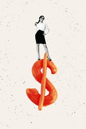 Creative artwork sketch image collage of businesswoman stand dollar sign success career promotion dollars wealth budget earnings currencyの写真素材
