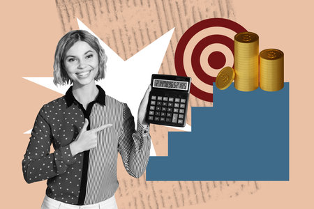 Collage trend artwork sketch poster of young businesswoman smile finger point show calculator pile coins target earnings currency marketの写真素材