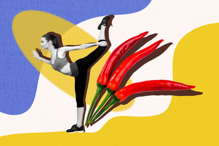 Creative artwork pop full image collage of gymnast girl do yoga pilates hot pepper nutrition vegan healthy lifestyle detoxの写真素材