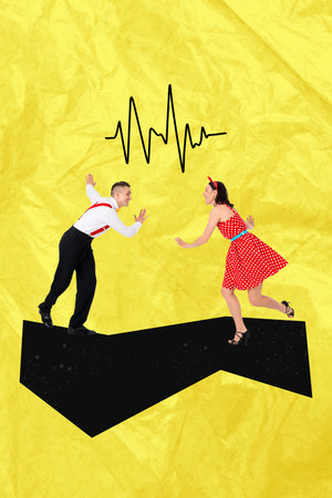 Zine creative vertical photo collage of happy girl guy couple dance weekend party celebration event discotheque chill occasion relaxの写真素材