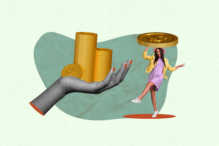 Banner full 3d artwork collage of happy businesswoman businessman receive dollar capital coin bag chart progress statisticsの写真素材