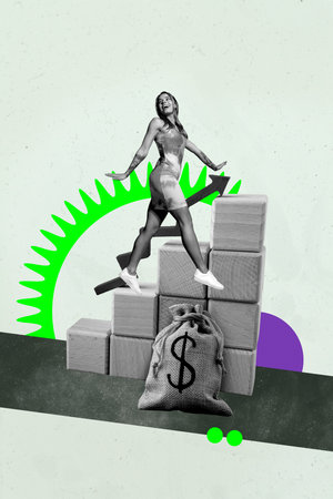 Sketch 3d pop contemporary photo collage of happy businessman businesswoman receive dollar run ladder bag currency profitの写真素材