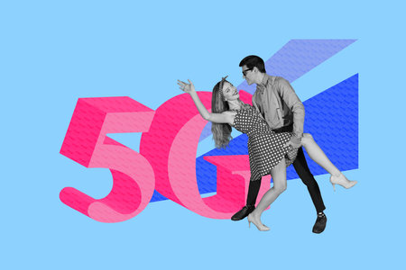 Full 3d zine trend photo collage of happy girl guy stand together 5g connection network fast hotspot free wev zone internetの写真素材
