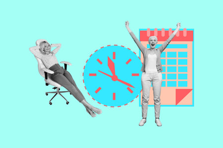 Full 3d magazine picture sketch collage image of happy businessman businesswoman stand alarm clock...