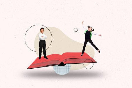 Trend artwork creative sketch 3D photo collage of open book page young girl boy stand balance pupil september fall class learn educationの写真素材