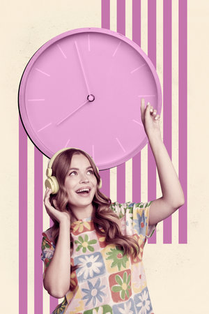 Vertical 3d art pop image collage of happy business girl guy stand deadline clock expire limit countdown timepiece regimeの写真素材