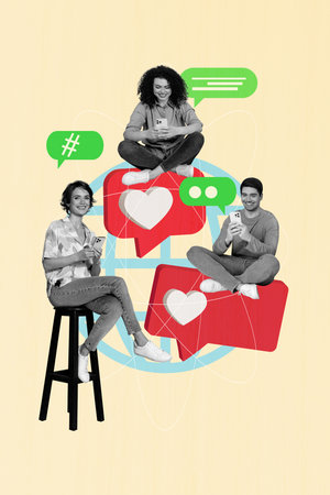 Sketch image artwork photo collage of three friends man lady sit chatting smartphone message like media digital social influencer onlineの写真素材