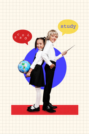Creative 3D photo collage trend artwork of classmates young schoolboy schoolgirl stand hold geography map globe fall back school classroomの写真素材