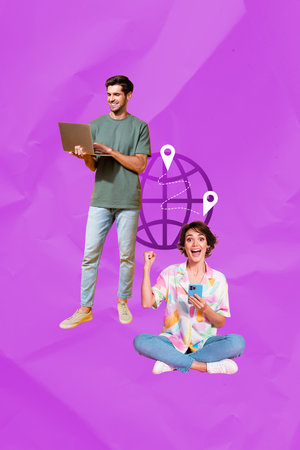 Poster 3d zine vertical art collage of happy girl guy hold laptop booking tickets globe icon geolocation travel relocation networkの写真素材