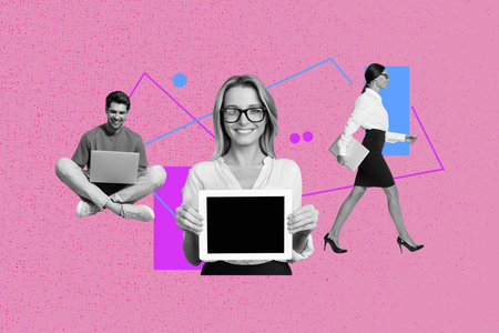 Zine banner full photo collage of three happy business partners girl guy hold laptop chart development aim achievement successの写真素材