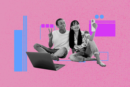 Banner full art collage of happy business partners girl guy freelancer receive chart development statistics career promotionの写真素材