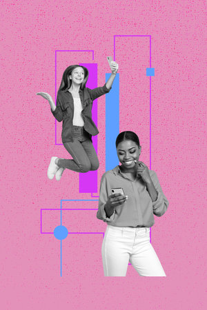 Banner vertical art collage of happy business partners girl guy freelancer receive chart development statistics career promotionの写真素材