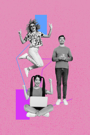 Banner vertical art collage of happy business partners girl guy freelancer receive chart development statistics career promotionの写真素材