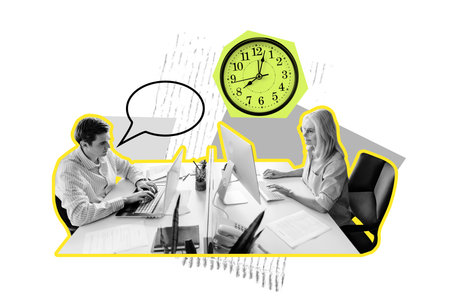 Creative design composite collage of clock time corporate strategy office manager teamwork business man lady sit table talk work computerの写真素材