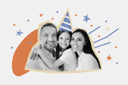 3D collage poster template trend artwork sketch of silhouette family father mother hugs daughter smile happy birthday weekend celebrationの写真素材