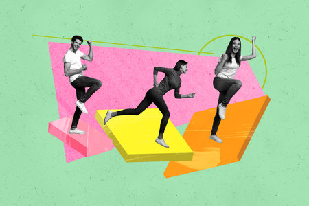 Trendy art full zine photo collage of happy business partners girl guy run geometric figure success career promotion careerの写真素材