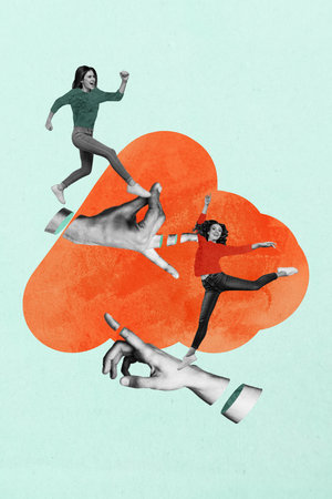 Vertical poster sketch 3d collage of two happy girl guy stand human hands point development direction cooperation teamworkの写真素材