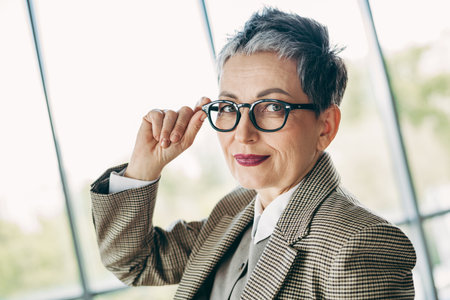 Confident female professional in formal attire adjusting glasses while smiling in a bright modern workspaceの写真素材