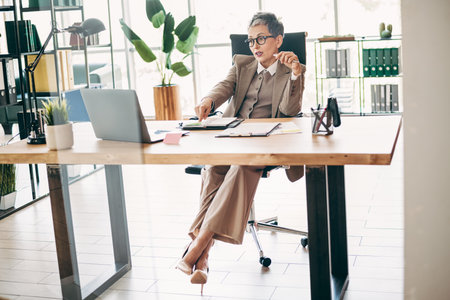 Mature businesswoman in formal attire working in a corporation office, confidently discussing ideasの写真素材