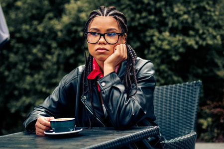 Young woman in a stylish leather jacket enjoys a coffee outdoors during daytime, showcasing a casual and thoughtful lifestyleの写真素材