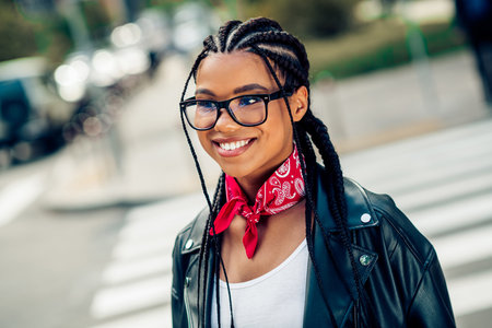 Portrait of a young woman with braided hair and glasses smiling confidently outdoors, stylishly...
