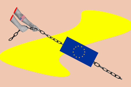 Template collage design trend artwork 3D sketch of geo politics european union trade war hand hold metal chain pull europen union flagの写真素材