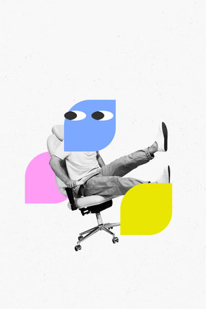 Banner 3d sketch image collage of anonym businessman sit chair office employee worker instead head emoji avatar sticker eyeballの写真素材