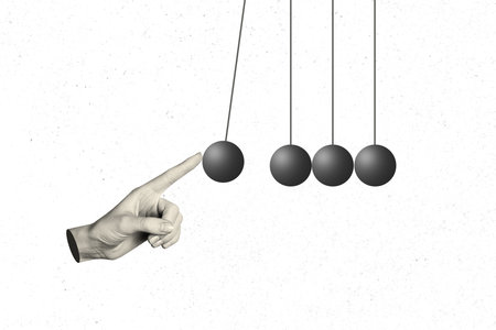 3D collage poster template trend artwork sketch of hand gesture finger point pull ball hang balance idea sphere reflection simplicityの写真素材
