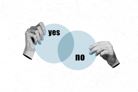 Composite 3D photo collage design trend sketch of two hand arm hold finger transparent circle vote yes no decision answer choice feedbackの写真素材