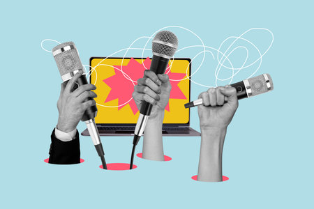 3d sketch banner collage trend artwork of laptop device microphone workplace correspondent news reportage stream podcastの写真素材