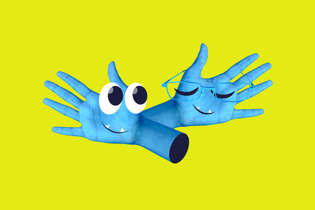 Trendy 3d poster image photo collage of hand show emoji speak gesture showing symbol smiley communication fake news propagandaの写真素材