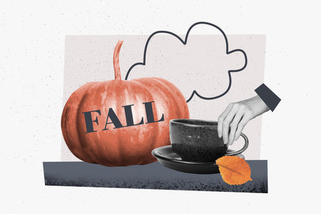 Composite collage trend artwork design of hand hold cup drink coffee break pumpkin fall banner holiday september weather outside foliageの写真素材