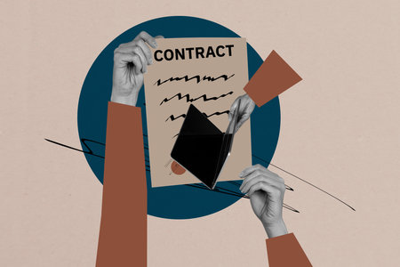 Creative poster collage of hands hold contract with netbook on brown backgroundの写真素材