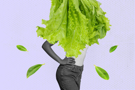Collage of a woman with lettuce for a head symbolizing dieting, body image, and healthy lifestyle in surreal visual conceptの写真素材