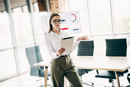 Qualified businesswoman presenting a project in a modern office workspace with professional documents and data visuals displayedの写真素材