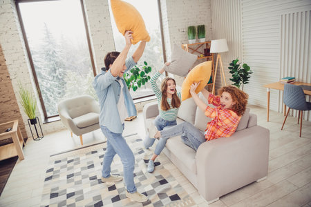 Funny young friends having fun together in a cozy living room while enjoying playful moments with colorful pillowsの写真素材