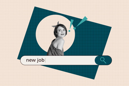 Full image poster banner collage of happy businessman businesswoman stand magnifier webpage tab search vacancy employment candidateの写真素材