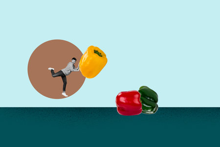Pop zine 3d image collage of happy girl guy stand red yellow green pepper bulgarian paprika plate...