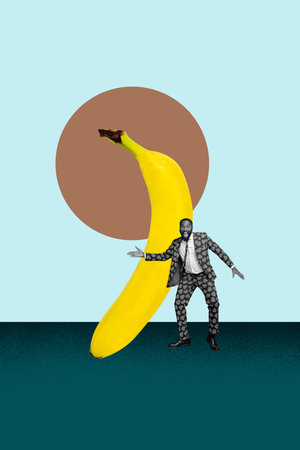 Exclusive artwork banner vertical collage of happy girl guy stand tropical banana exotic nutrition fruit healthy lifestyleの写真素材