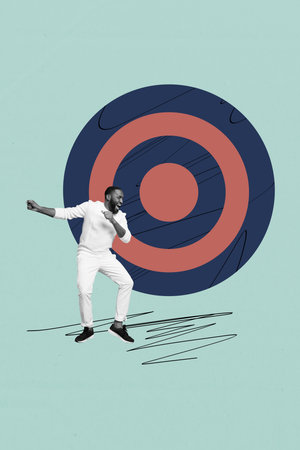 Banner collage of person dance near huge dart target over blue background