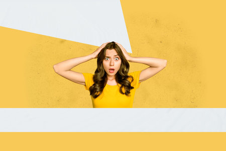 Trend pop collage of person stand on geometry figure over yellow background