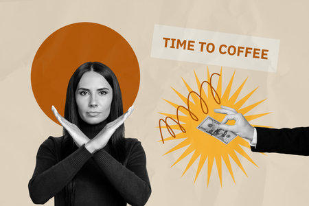 Image collage of person stand show stop gesture on pastel background with time to coffee phrase