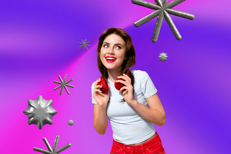 Collage of happy person in bright outfit surrounded by 3D abstract shapes vibrant design expressing...