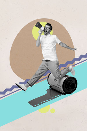 Sketch pop image art collage of happy girl guy run battery disco occasion dance retro capture roll...