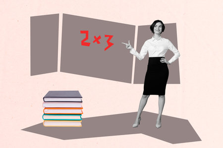 Sketch artwork banner creative collage of happy academic teacher girl stand classroom board math...