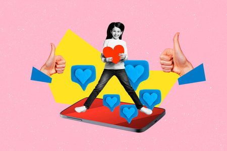 Trend composite 3D collage of gesture hand show thumb young girl jump touchscreen smartphone hold...